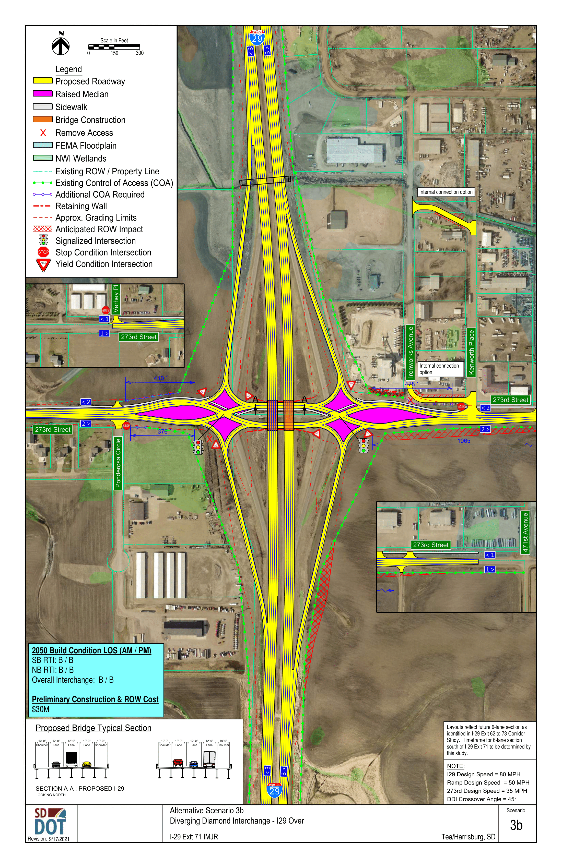 This image shows the conceptual layout of a Diverging Diamond Interchange, and what the road over it would look like. Details on the diagram include proposed roadway, raised median, sidewalk, bridge construction, access control, FEMA floodplain, NWI wetlands, existing Right of Ways and property lines, existing control of access points, additional control of access points needed, retaining walls, grading limits, anticipated right of way impacts, signalized intersections, stop condition intersections and yield condition intersections.