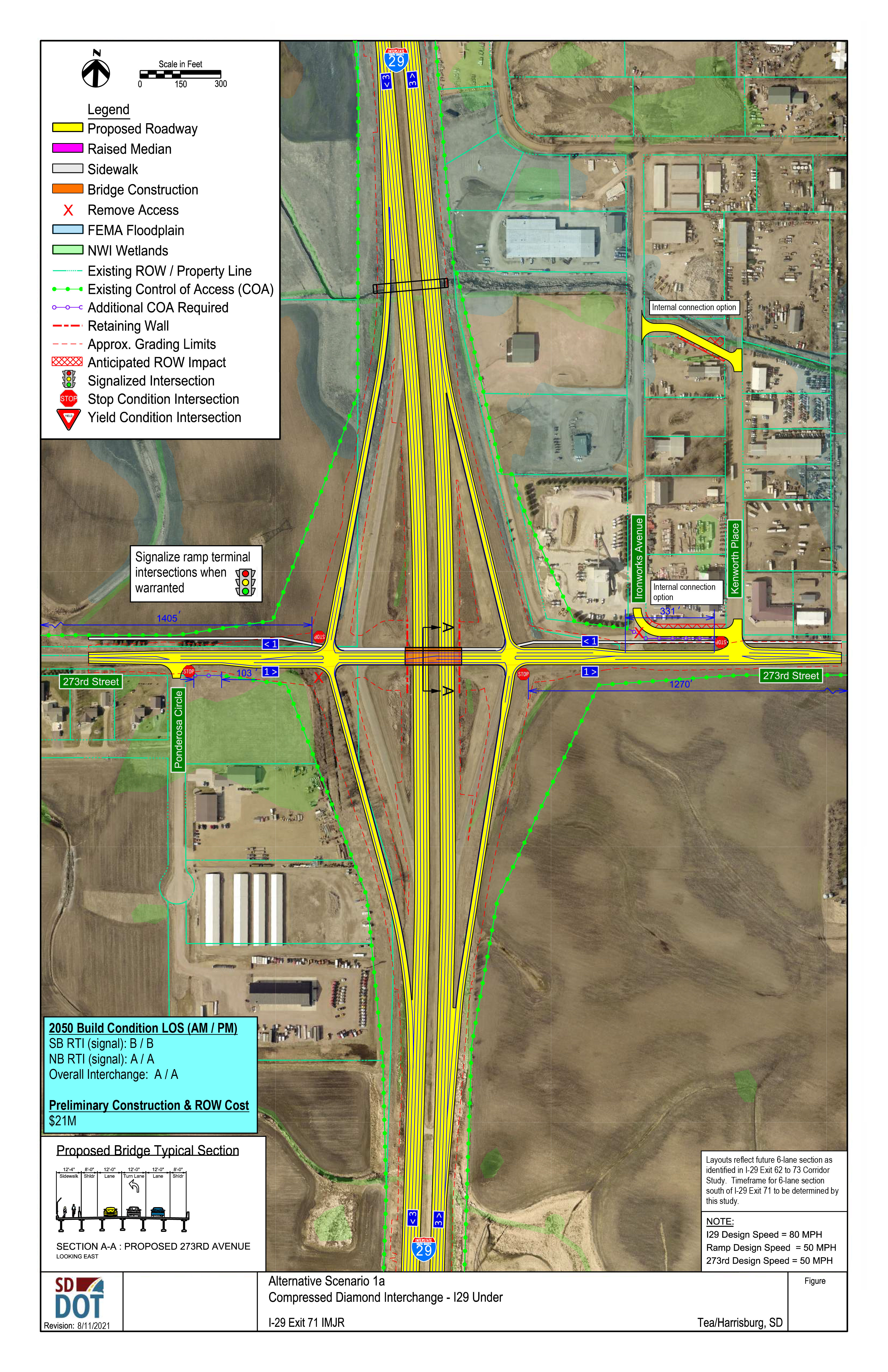 This image shows the conceptual layout of a Compressed Diamond Interchange, and what the road under it would look like. Details on the diagram include proposed roadway, raised median, sidewalk, bridge construction, access control, FEMA floodplain, NWI wetlands, existing Right of Ways and property lines, existing control of access points, additional control of access points needed, retaining walls, grading limits, anticipated right of way impacts, signalized intersections, stop condition intersections and yield condition intersections.