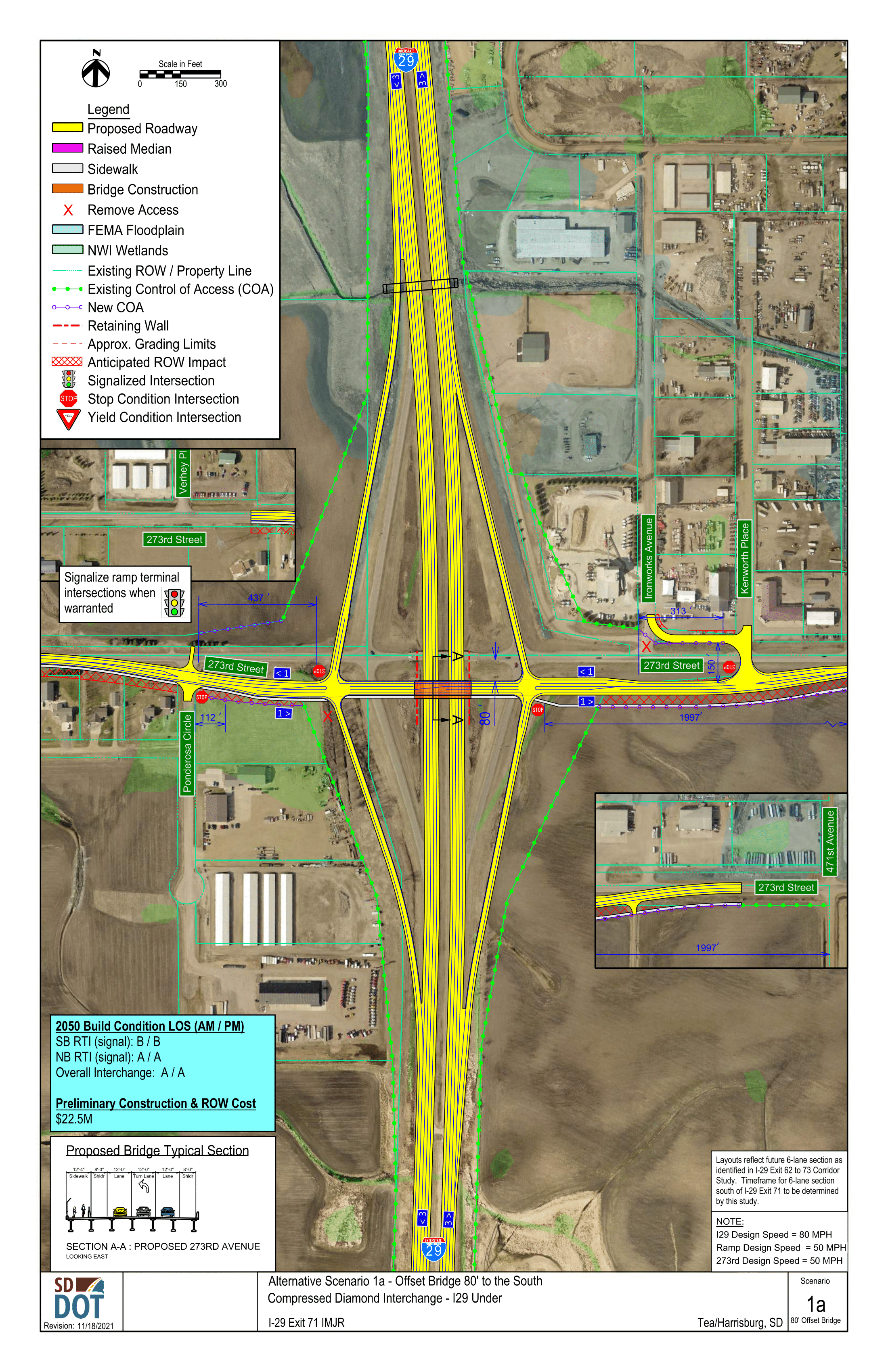 This shows the first alignment option that would offset the bridge 80 feet to the south.