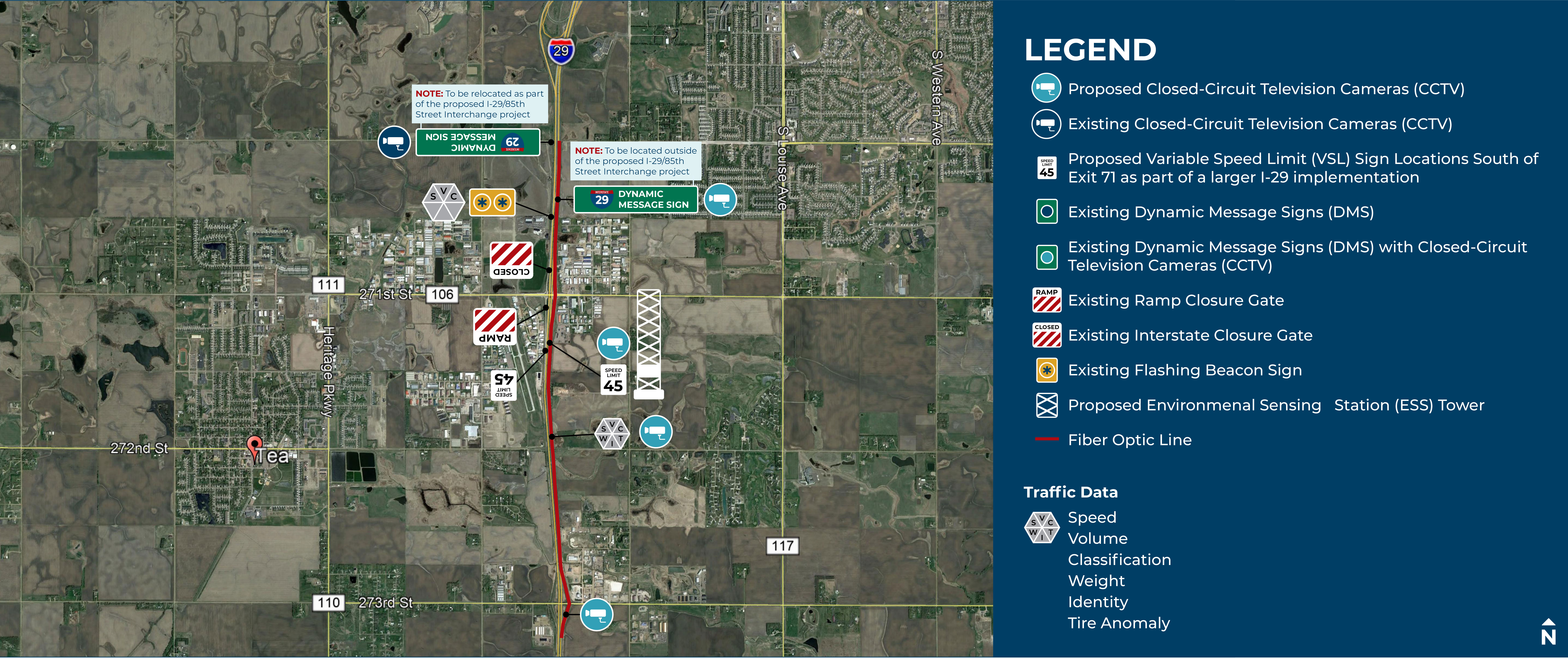 This image shows potential Intelligent Transportation System (ITS) elements within the study area. Both existing and proposed elements are shown, including closed-circuit television cameras (CCTV), variable speed limit (VSL) sign locations, dynamic message signs (DMS), ramp and interstate closure gates, flashing beacon signs, environmental sensing station (ESS) towers, fiber optic lines, and traffic data collection type and locations.